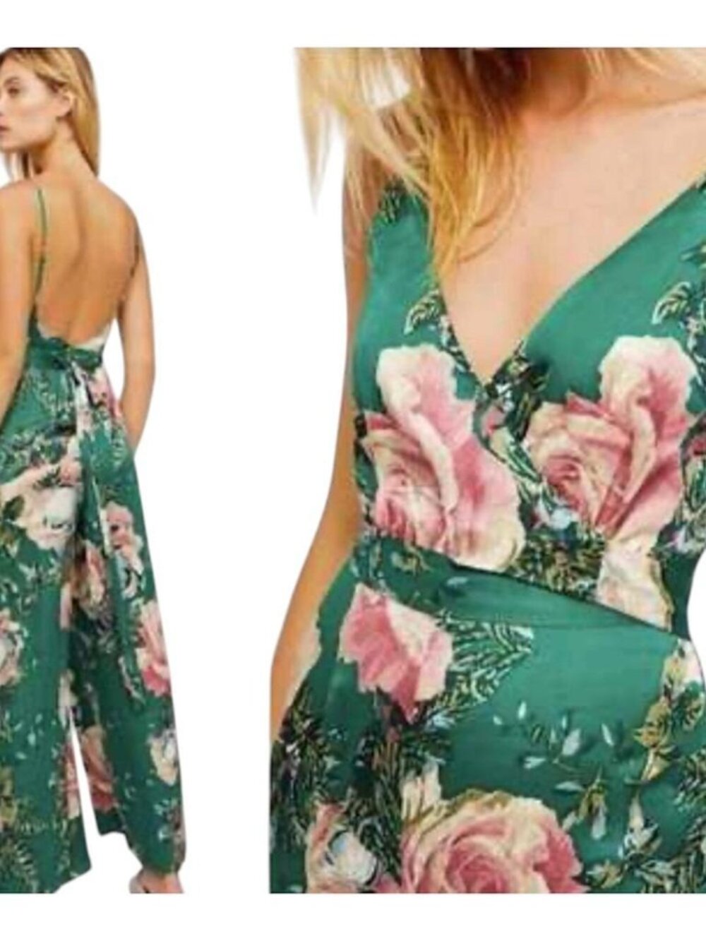 Free People Cabbage Rose Satin Floral Jumpsuit Size 2